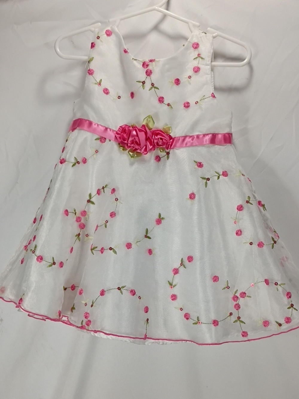 EUC Youngland Baby Dress White with Pink Embroidered Flowers Sz 24 Month Summer